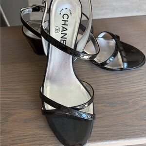 CHANEL Glossy Black Strappy Heels